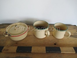 Pot, white enamel mugs