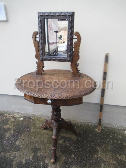 Wooden round table with drawer and mirror