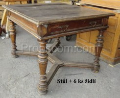 Stůl dřevěný se zásuvkou a židlemi 