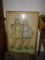 Two schoolgirls drawing glazed in a frame