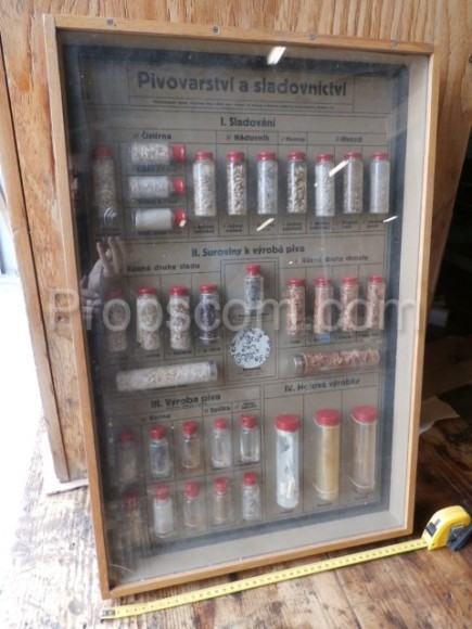 Fabric samples in a glass cabinet