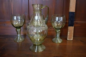 Carafe with glasses, green glass